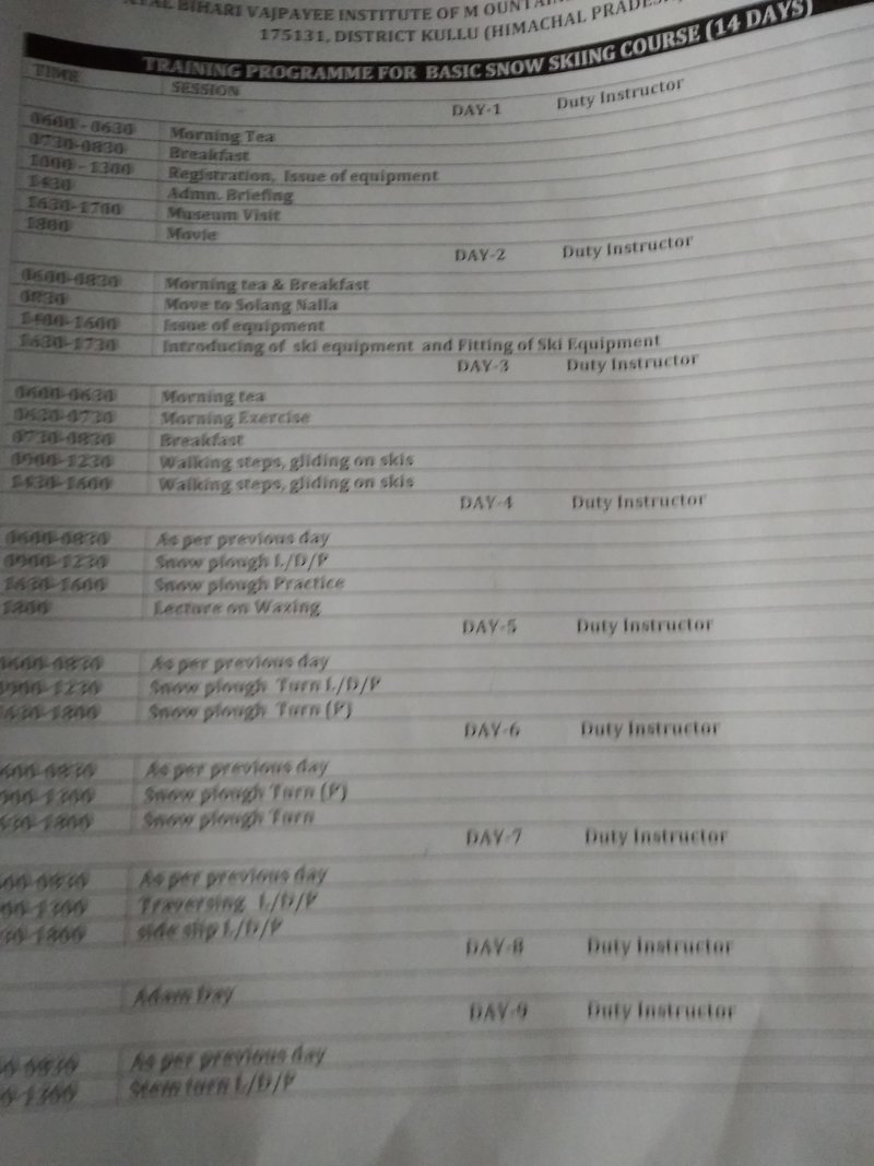 Basic Skiing Course Schedule