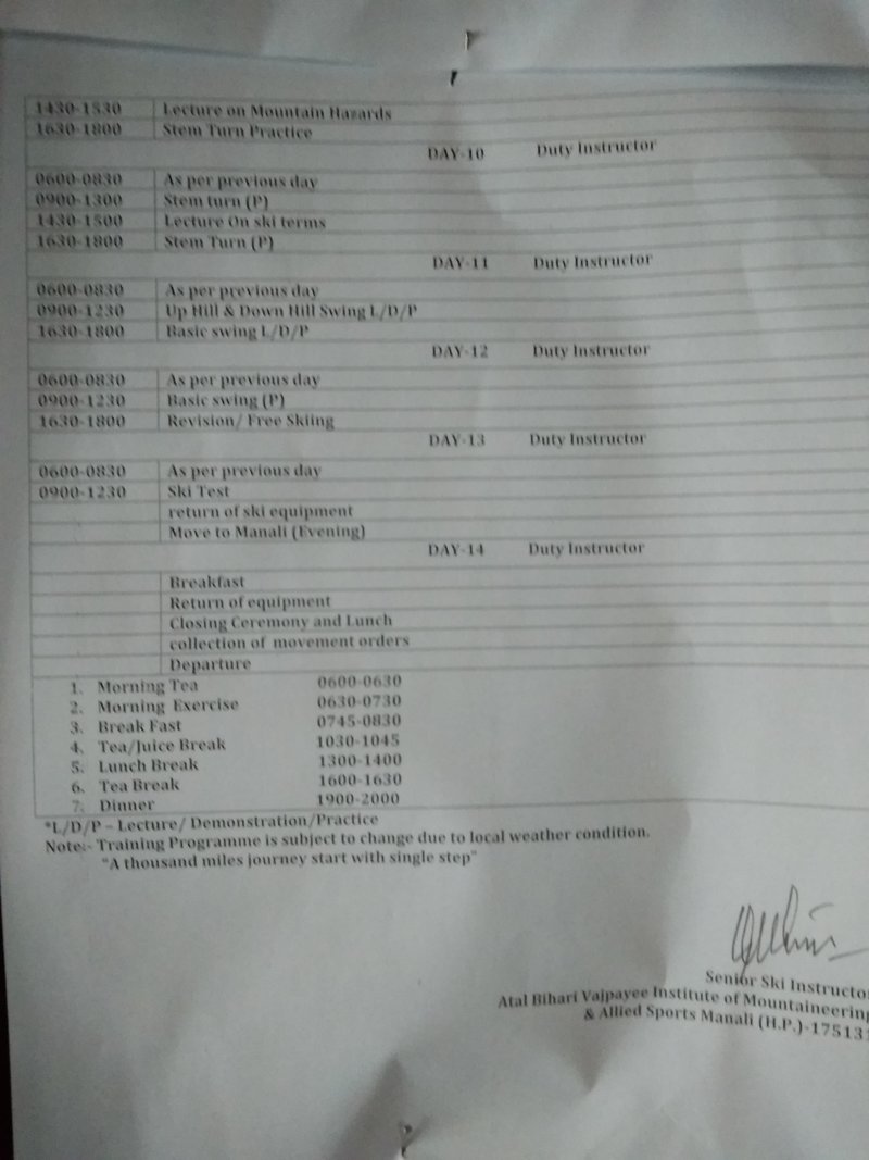 Basic Skiing Course Schedule